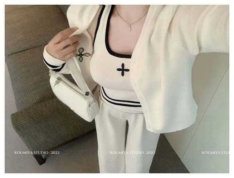 Co brandy New Knitted Set Women's Casual Cross Color Blocked Tank Top Knitted Cardigan Pants 3-Piece Set Sweater Matching Sets